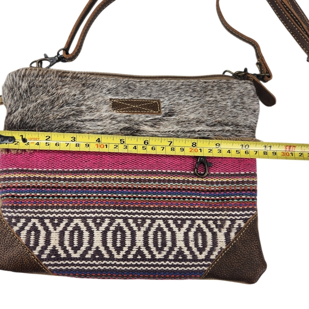 Myra Bag Crossbody Upcycled Canvas Genuine Cowhide Hair Patchwork Boho Leather - Picture 13 of 15